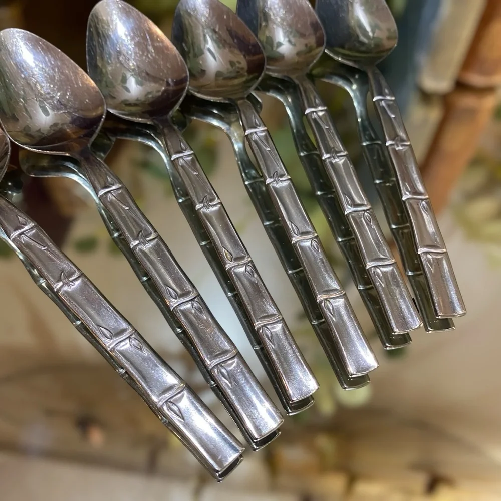 Vintage Bamboo Tiki Set 6 Teaspoons Lifetime Cutlery LC Stainless Flatware